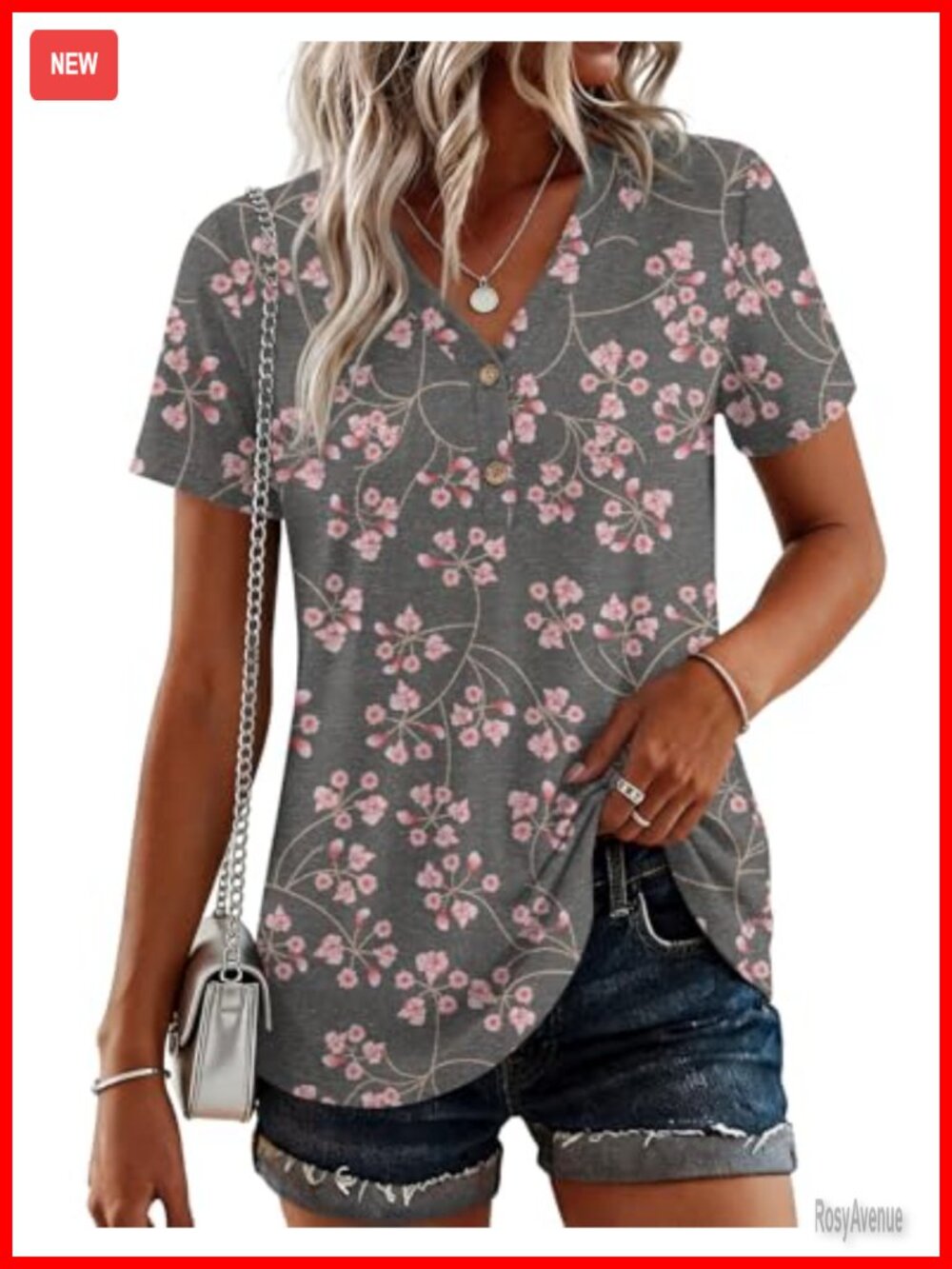 Womens Henley Tunic Top Button Up Short Sleeve Vneck Loose Fit Casual Blouse